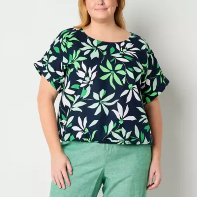 Liz Claiborne Womens Plus Round Neck Short Sleeve Blouse