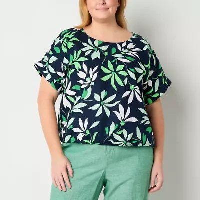 Liz Claiborne Womens Plus Round Neck Short Sleeve Blouse