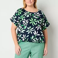 Liz Claiborne Womens Plus Round Neck Short Sleeve Blouse