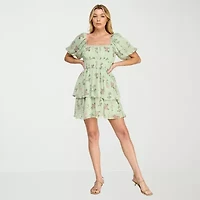 Trixxi Womens Juniors Short Sleeve Floral Fit + Flare Dress