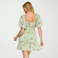 Trixxi Womens Juniors Short Sleeve Floral Fit + Flare Dress