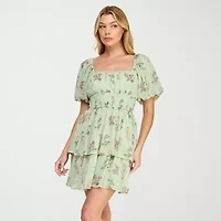 Trixxi Womens Juniors Short Sleeve Floral Fit + Flare Dress