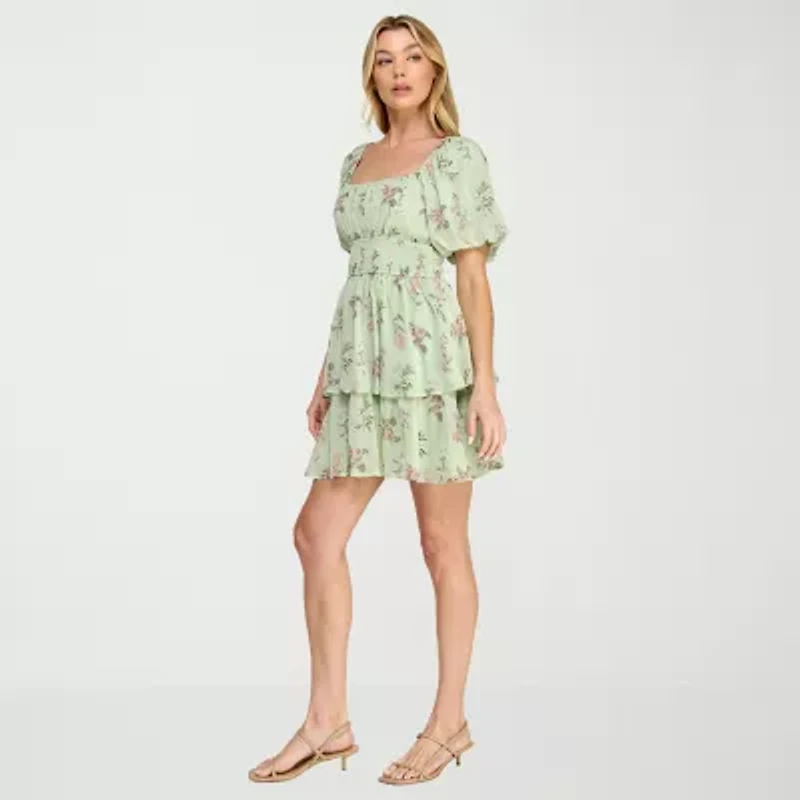 Trixxi Womens Juniors Short Sleeve Floral Fit + Flare Dress