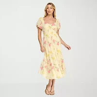 Trixxi Womens Juniors Short Sleeve Midi Floral A-Line Dress