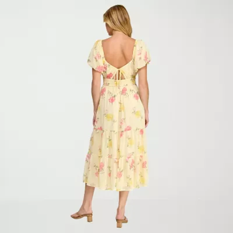 Trixxi Womens Juniors Short Sleeve Midi Floral A-Line Dress