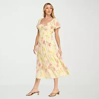 Trixxi Womens Juniors Short Sleeve Midi Floral A-Line Dress