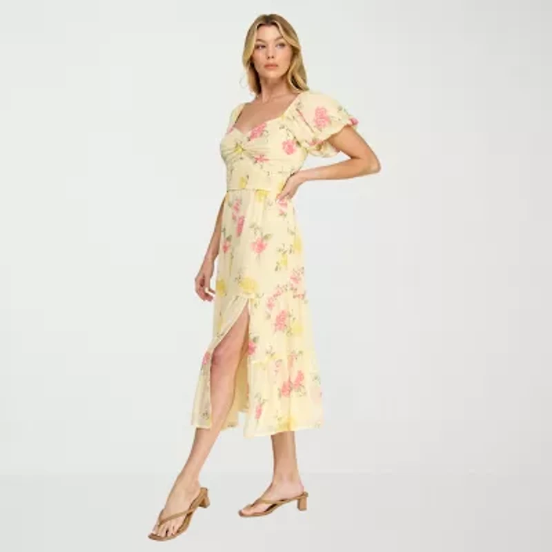 Trixxi Womens Juniors Short Sleeve Midi Floral A-Line Dress