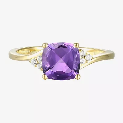 (I-J/I2-I3) Womens Diamond Accent Genuine Gemstone 10K Gold Cushion Side Stone Cocktail Ring