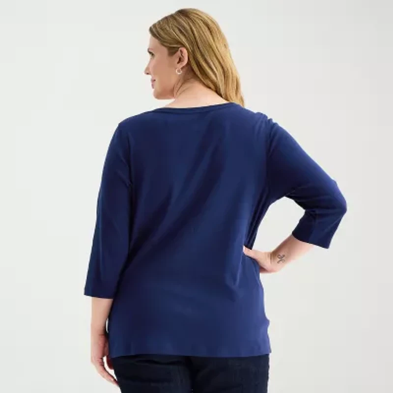 St. John's Bay Womens Plus V Neck 3/4 Sleeve T-Shirt