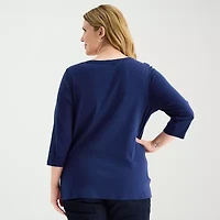 St. John's Bay Womens Plus V Neck 3/4 Sleeve T-Shirt