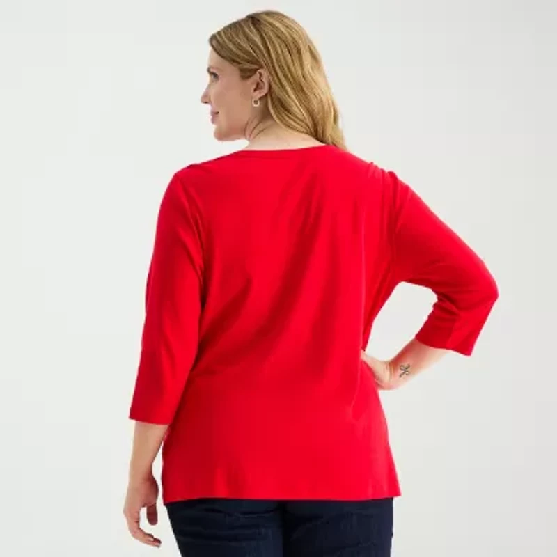 St. John's Bay Womens Plus V Neck 3/4 Sleeve T-Shirt