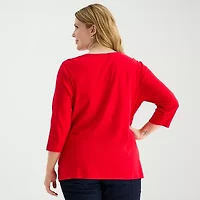 St. John's Bay Womens Plus V Neck 3/4 Sleeve T-Shirt