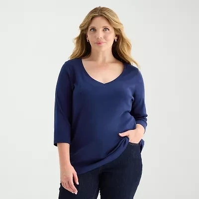 St. John's Bay Womens Plus V Neck 3/4 Sleeve T-Shirt