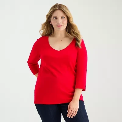 St. John's Bay Womens Plus V Neck 3/4 Sleeve T-Shirt