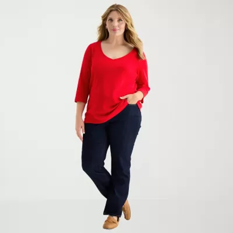 St. John's Bay Womens Plus V Neck 3/4 Sleeve T-Shirt