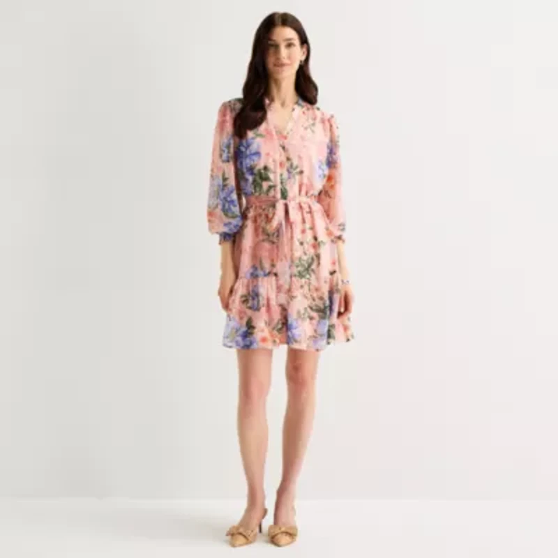 Isabel & Nina Womens 3/4 Sleeve Floral Fit + Flare Dress