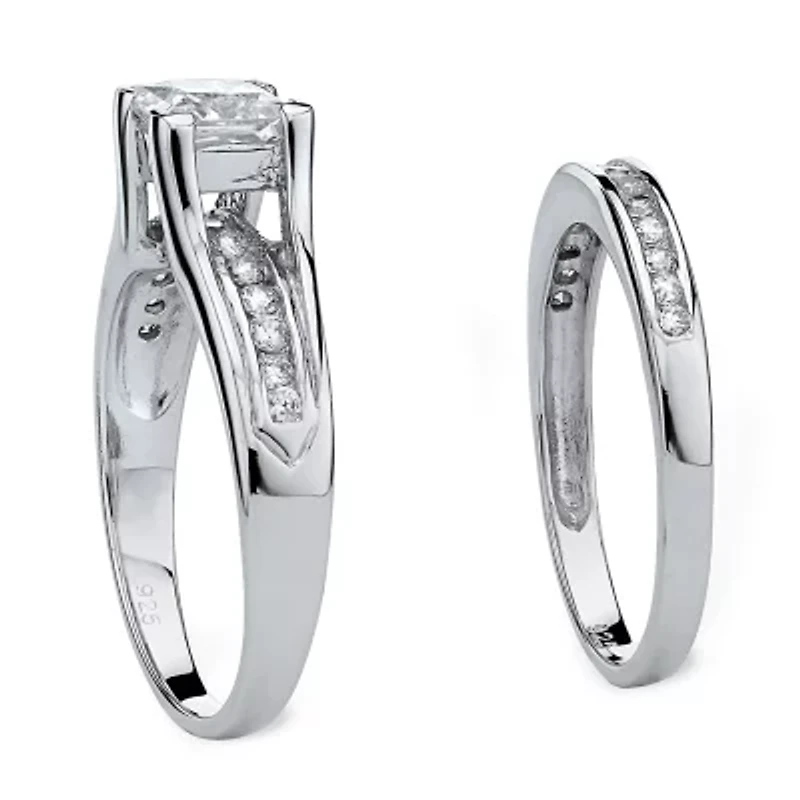 DiamonArt® Womens / CT. T.W. White Cubic Zirconia Platinum Over Silver Square Bridal Set