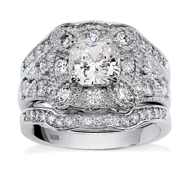 DiamonArt® Womens 2 1/3 CT. T.W. White Cubic Zirconia Platinum Over Silver Square Bridal Set