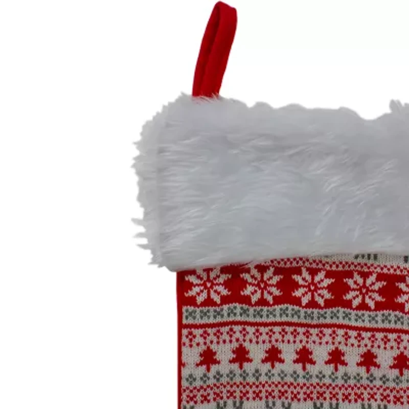 19'' Red and White Deer and Snowflake Knit Christmas Stocking with Faux Fur Cuff