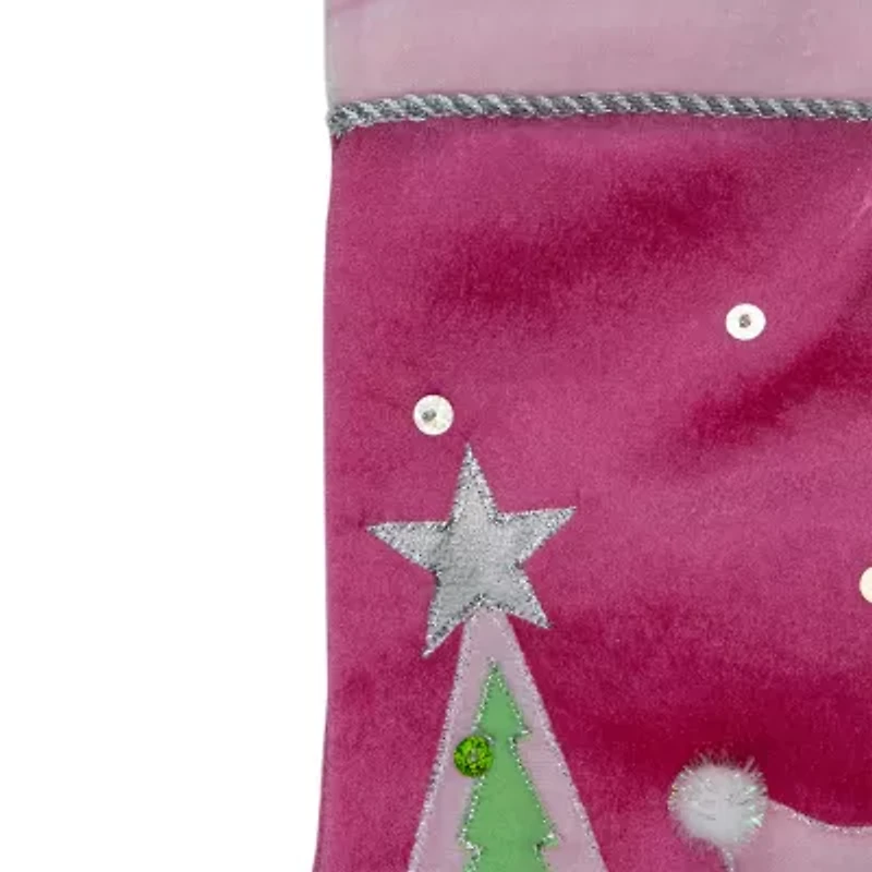 20.5'' Pink Embroidered Ice Skating Snowman and Christmas Tree Stocking