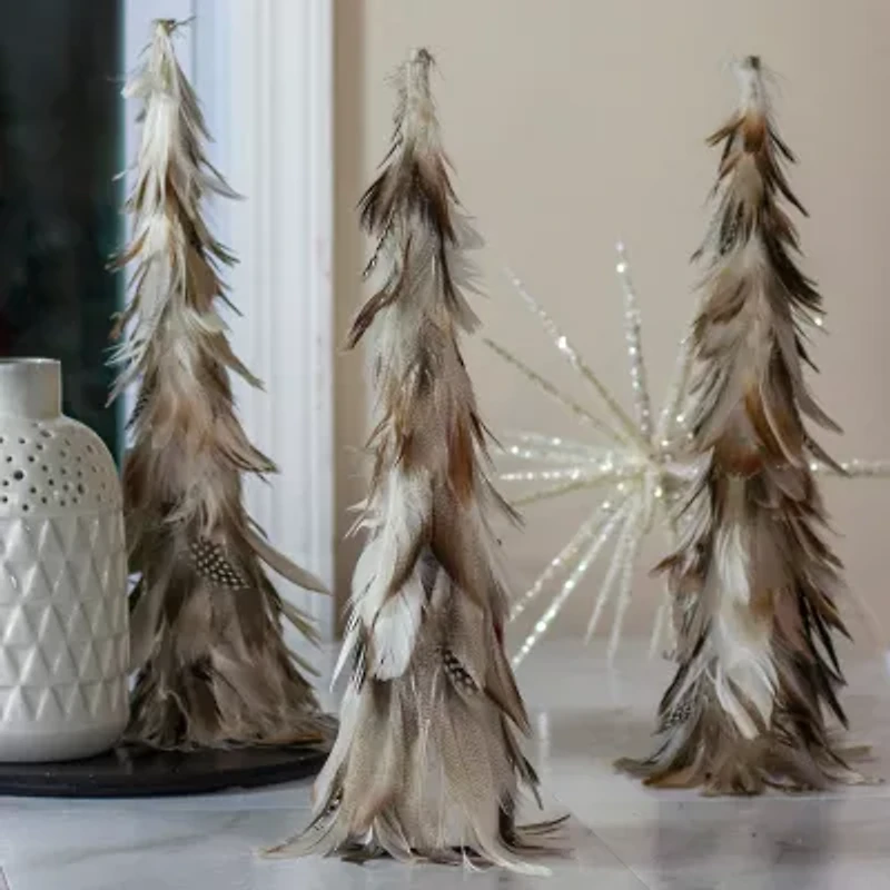 15.5'' Brown and Gray Feather Layered Cone Tree Christmas Decoration
