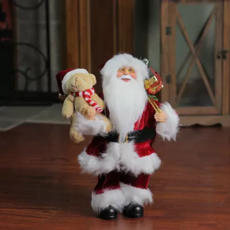 12'' Traditional Santa Claus Christmas Figure with Teddy Bear and Gift Bag