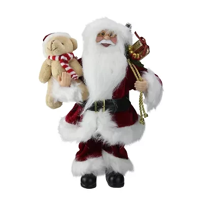 12'' Traditional Santa Claus Christmas Figure with Teddy Bear and Gift Bag