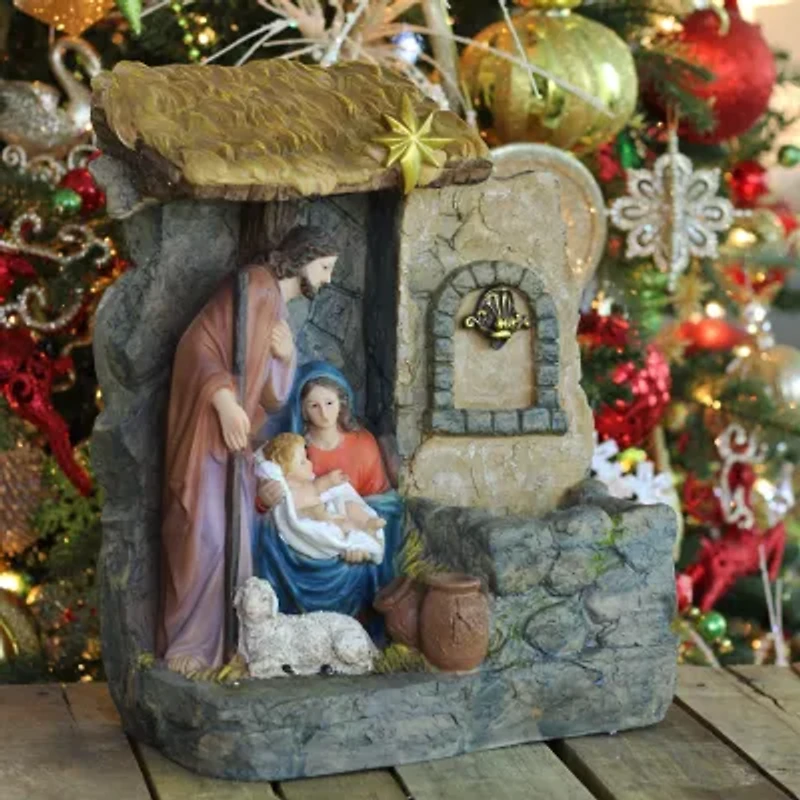 14'' Brown and Gray Holy Family Religious Nativity Fountain with Lamp Tabletop Christmas Decoration