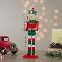 15'' Red and Green Traditional Striped Elf Christmas Nutcracker