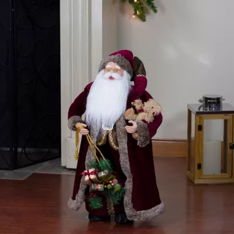 24'' Burgundy Santa Claus with Teddy Bear Christmas Figure