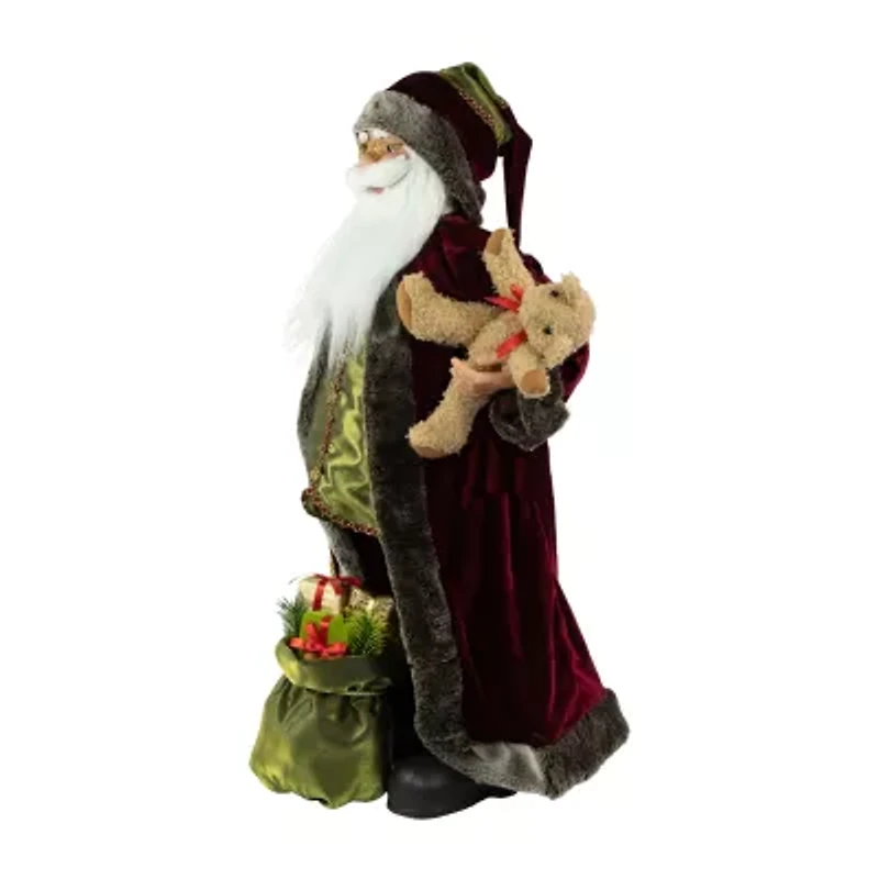32'' Burgundy Santa Claus with Teddy Bear and Gift Bag Christmas Figure
