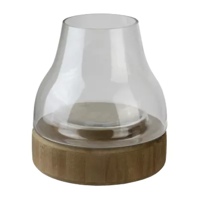 10.25'' Transparent Glass Pillar Candle Holder with Wooden Base