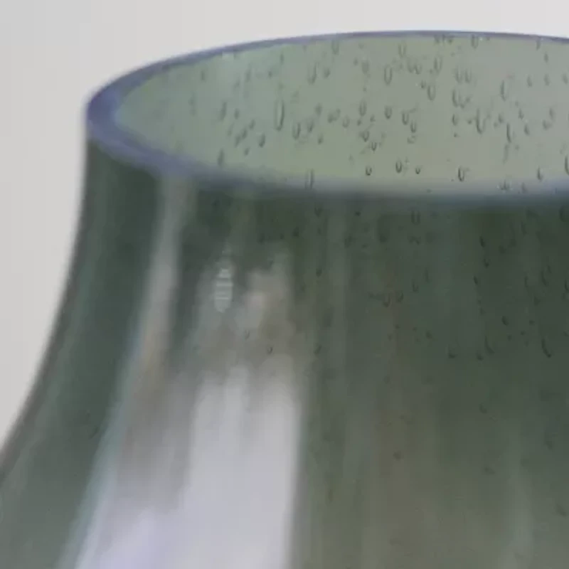 7.75'' Storm Gray Bubble Glass Pillar Candle Holder with Wooden Base