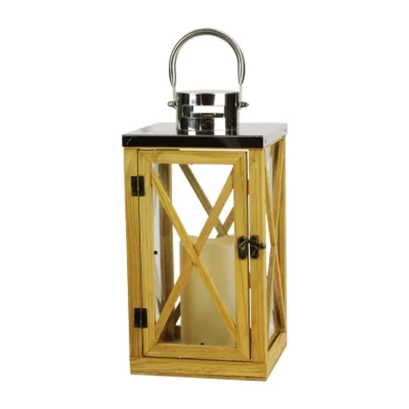 13.5'' Rustic Wood and Stainless Steel Lantern with LED Flameless Pillar Candle with Timer