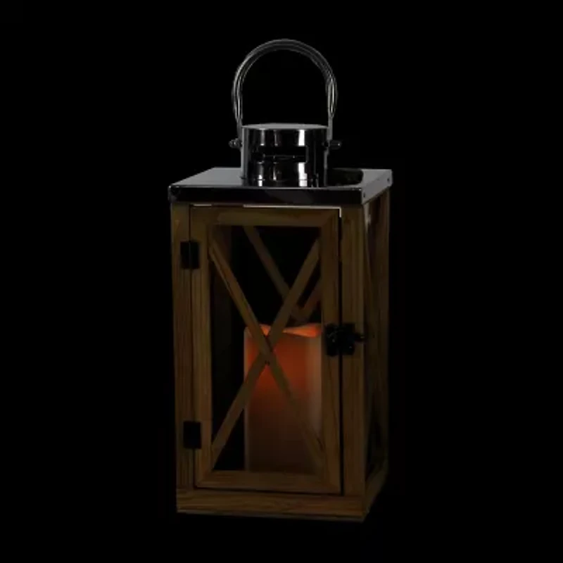 13.5'' Rustic Wood and Stainless Steel Lantern with LED Flameless Pillar Candle with Timer