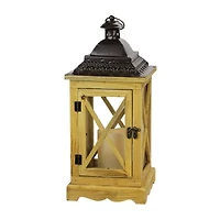 17.5'' Rustic Wooden Lantern with Brown Metal Top and LED Flameless Pillar Candle with Timer