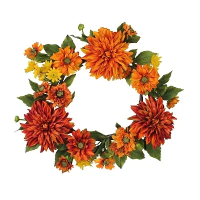 Mums and Daisies Twig Artificial Floral Wreath  Orange 22-Inch