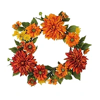 Mums and Daisies Twig Artificial Floral Wreath  Orange 22-Inch
