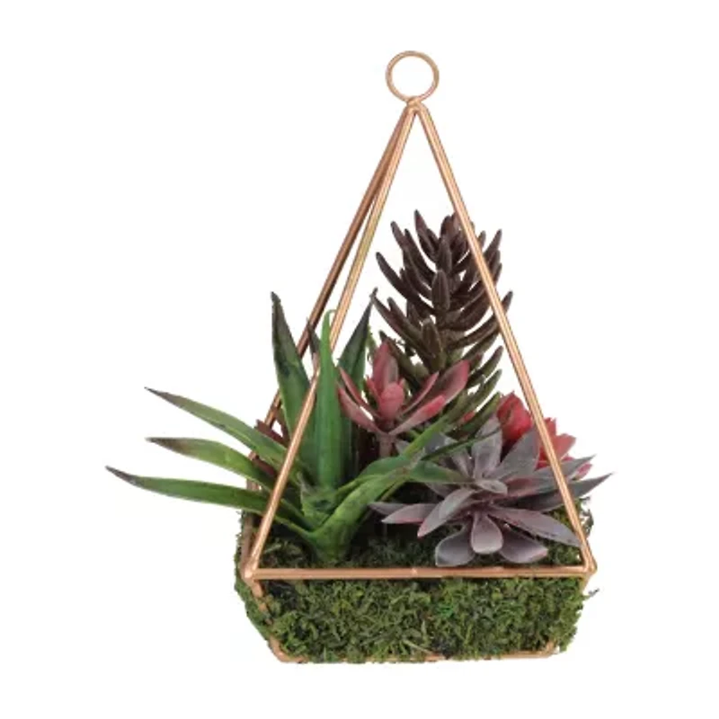 9" Artificial Succulents Arrangement in 4-Sided Copper Metal Wire Frame