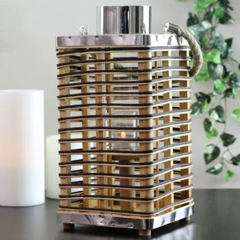 15.5'' Rustic Chic Rectangular Rattan Candle Holder Lantern with Jute Handle