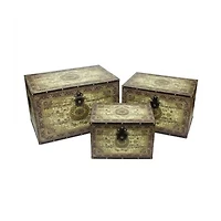 Set of 3 Oriental-Style Brown and Cream Earth Tone Decorative Wooden Storage Boxes 22"