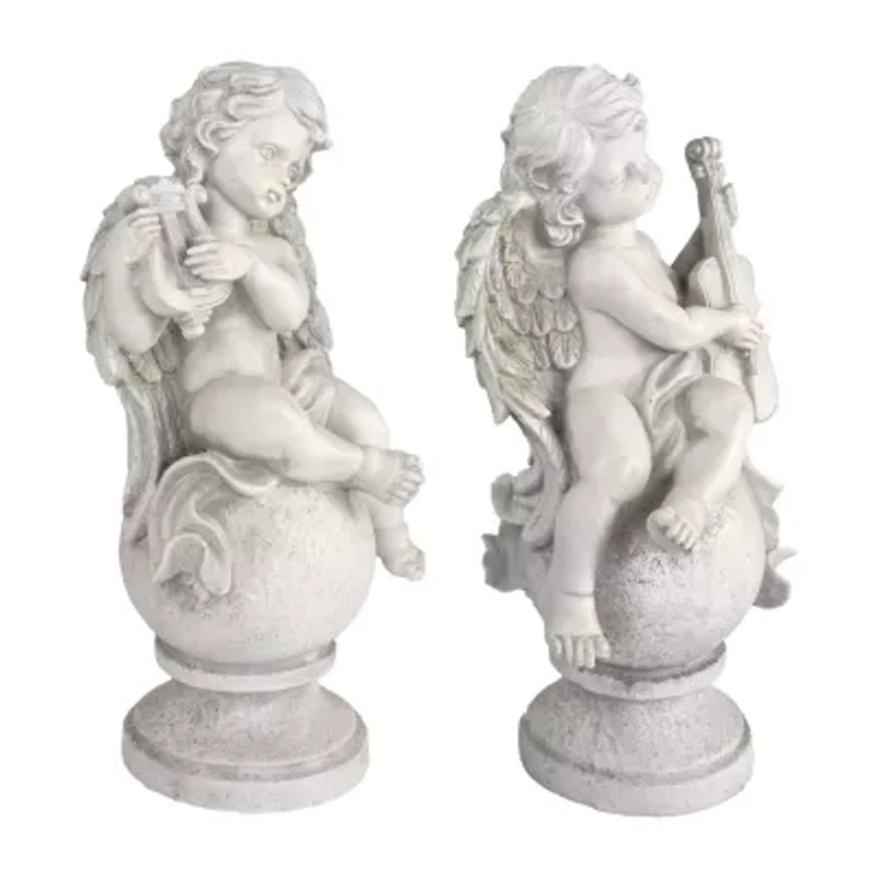 Set of 2 Cherub Angels with Violin and Harp on Finials Outdoor Garden Statues 15.25"