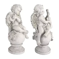 Set of 2 Cherub Angels with Violin and Harp on Finials Outdoor Garden Statues 15.25"