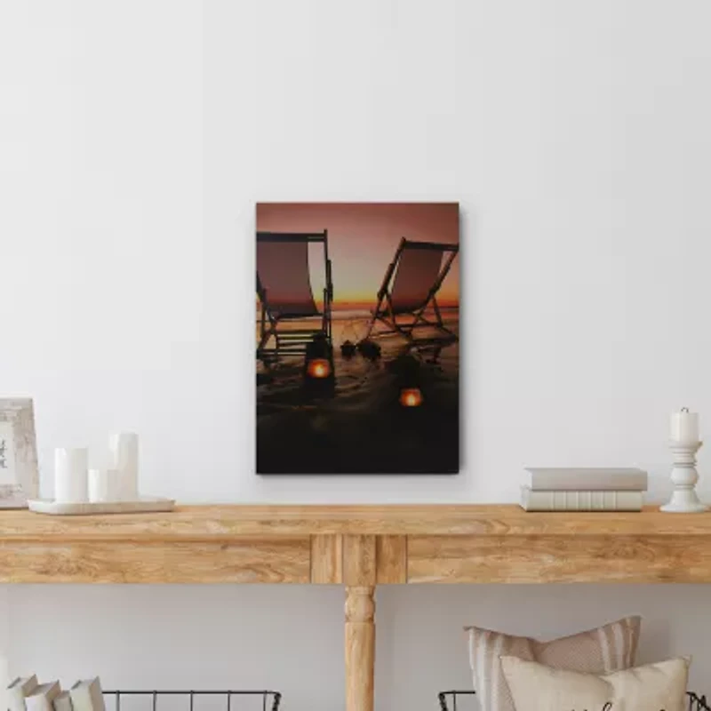 LED Lighted Sunset Beach Chairs with Lanterns Canvas Wall Art 15.75"