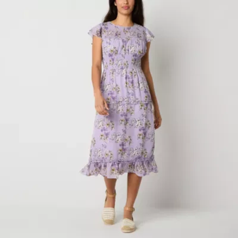 Perceptions Womens Short Sleeve Floral Fit + Flare Dress