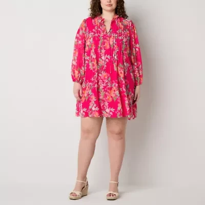 Jessica Howard Womens Long Sleeve Floral Plus Shift Dress