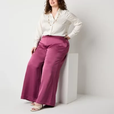 Worthington Womens Wide Leg Mid Rise Plus Pull-On Pant