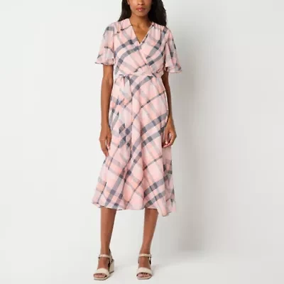 Liz Claiborne Womens Short Sleeve Midi Plaid A-Line Dress
