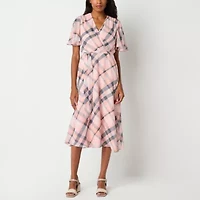 Liz Claiborne Womens Short Sleeve Midi Plaid A-Line Dress