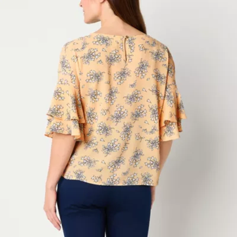 Liz Claiborne Womens Round Neck Elbow Sleeve Blouse